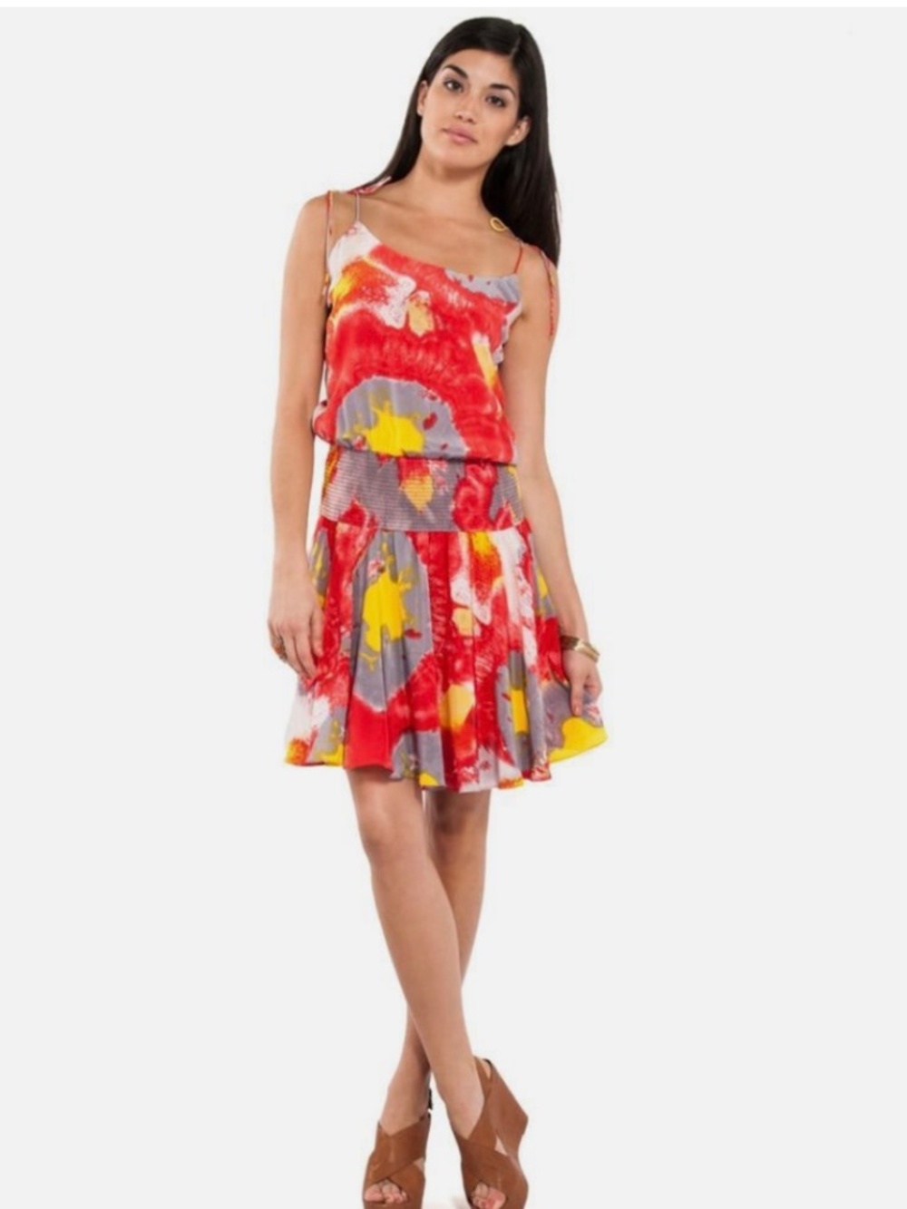 Halston Heritage Poppy Watercolor-Print Chiffon Mini Dress - Size S. - Picture 5 of 16